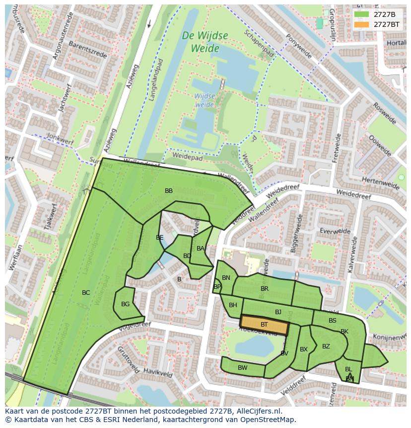 Afbeelding van het postcodegebied 2727 BT op de kaart.