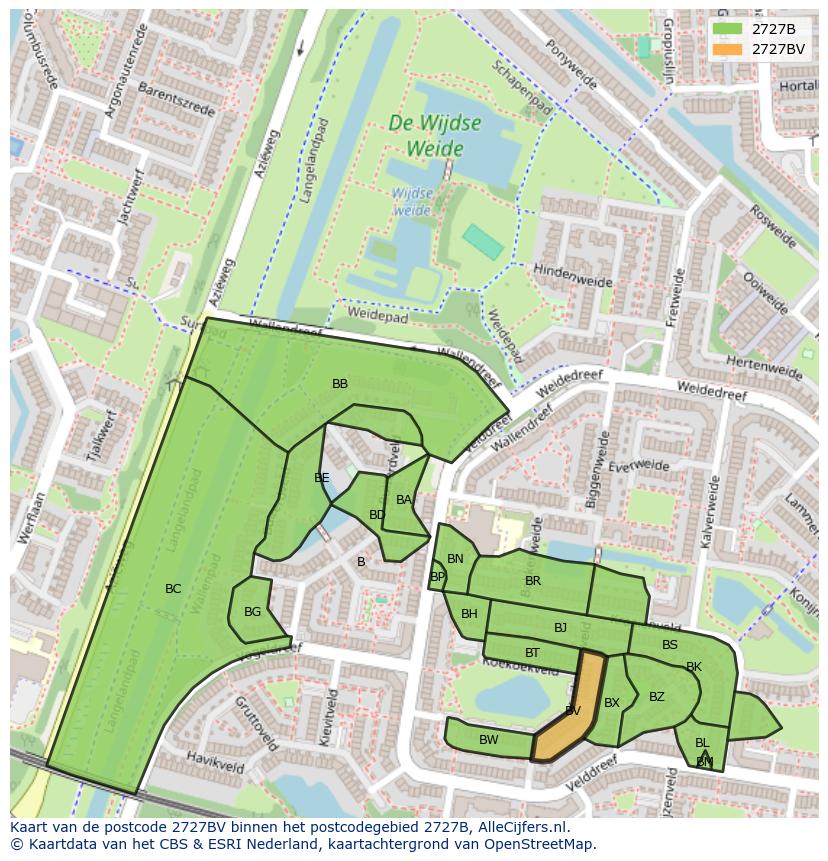 Afbeelding van het postcodegebied 2727 BV op de kaart.