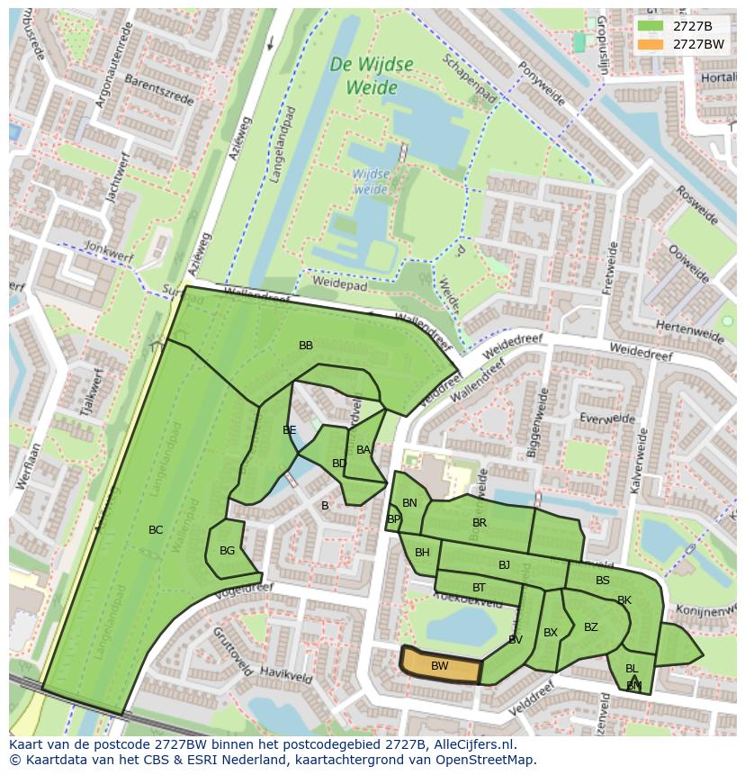 Afbeelding van het postcodegebied 2727 BW op de kaart.
