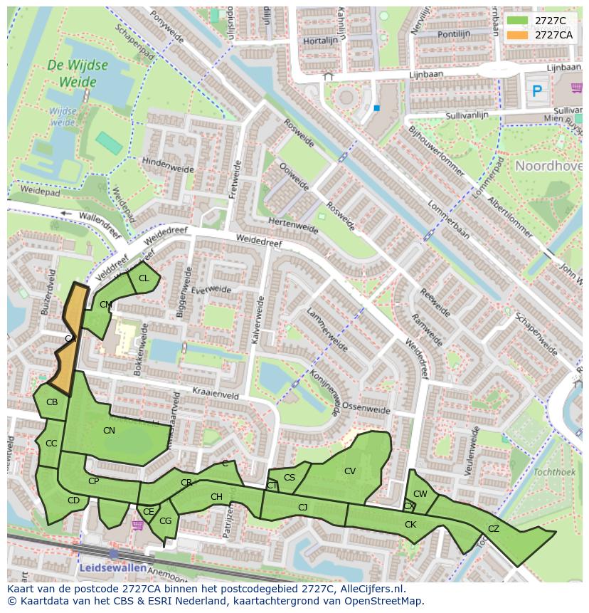 Afbeelding van het postcodegebied 2727 CA op de kaart.