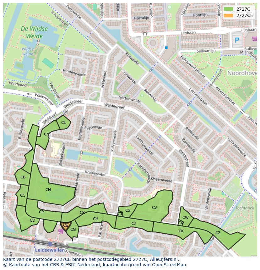 Afbeelding van het postcodegebied 2727 CE op de kaart.