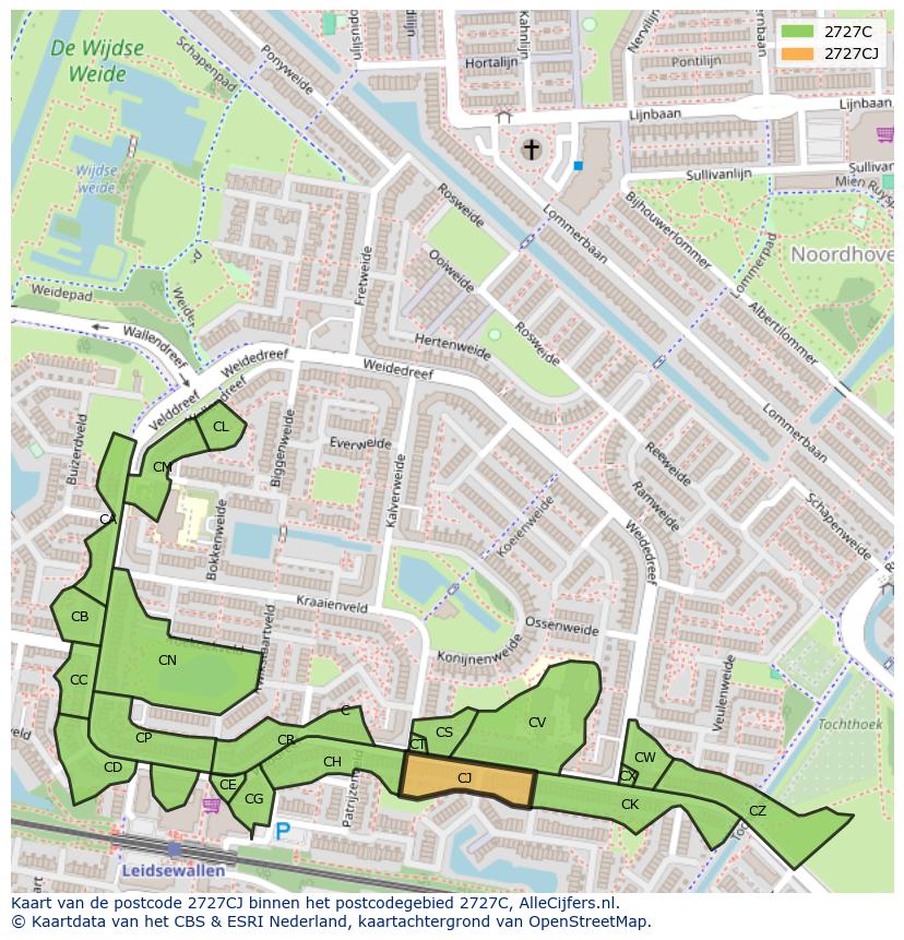 Afbeelding van het postcodegebied 2727 CJ op de kaart.