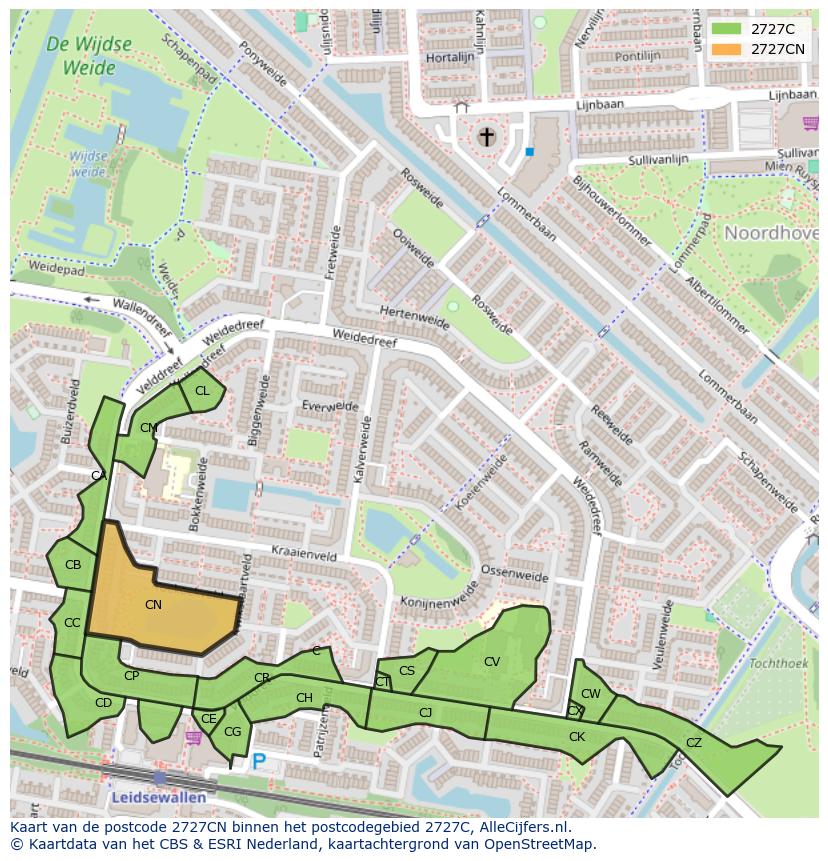 Afbeelding van het postcodegebied 2727 CN op de kaart.