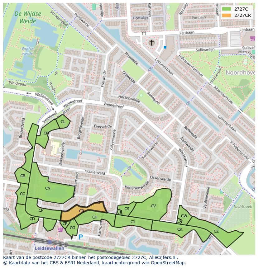 Afbeelding van het postcodegebied 2727 CR op de kaart.
