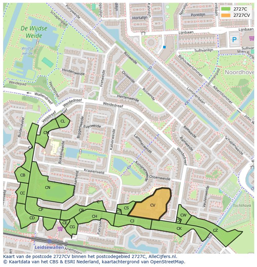 Afbeelding van het postcodegebied 2727 CV op de kaart.