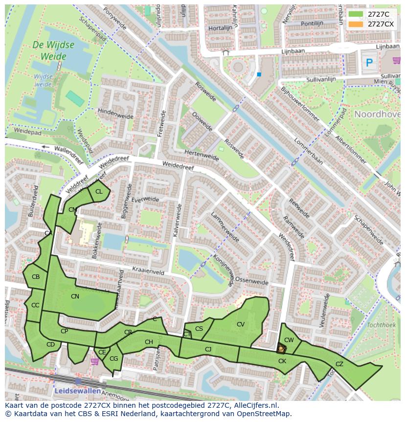 Afbeelding van het postcodegebied 2727 CX op de kaart.