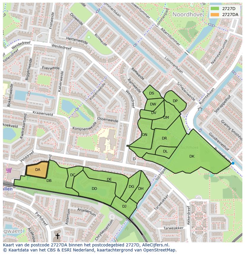 Afbeelding van het postcodegebied 2727 DA op de kaart.
