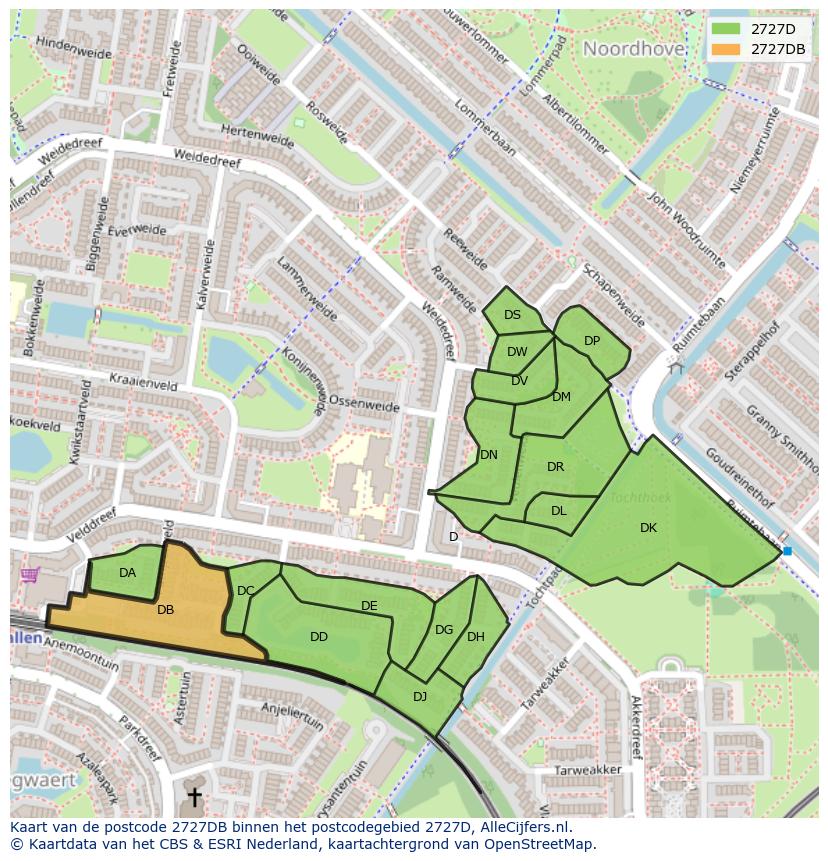 Afbeelding van het postcodegebied 2727 DB op de kaart.