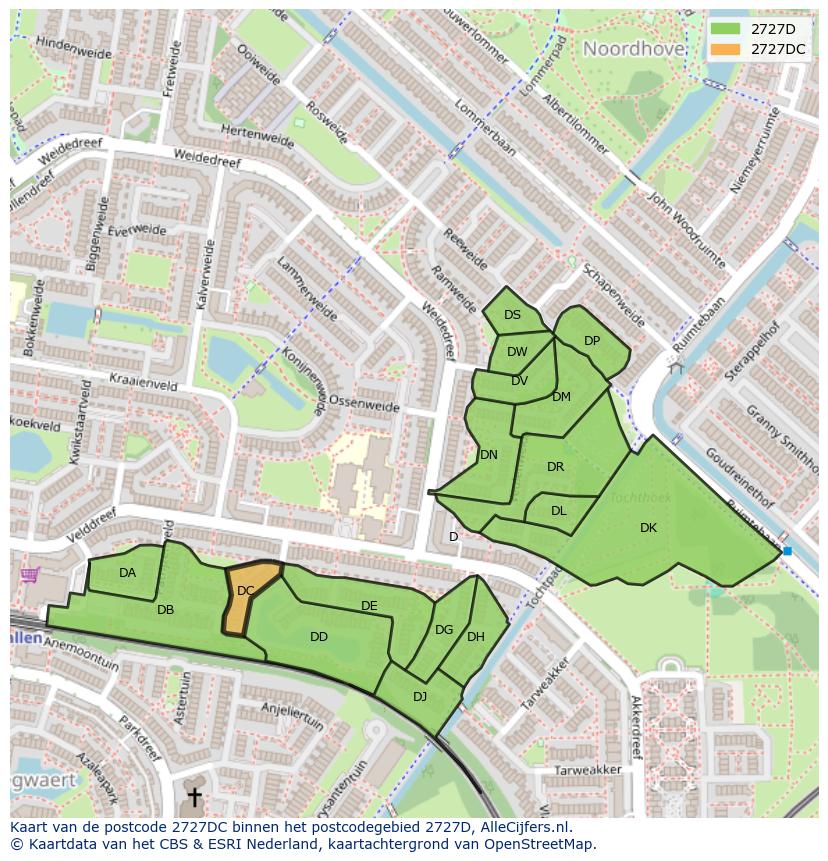 Afbeelding van het postcodegebied 2727 DC op de kaart.