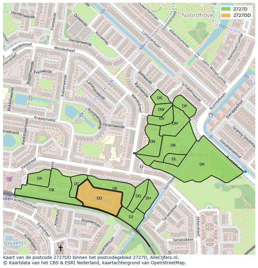 Afbeelding van het postcodegebied 2727 DD op de kaart.