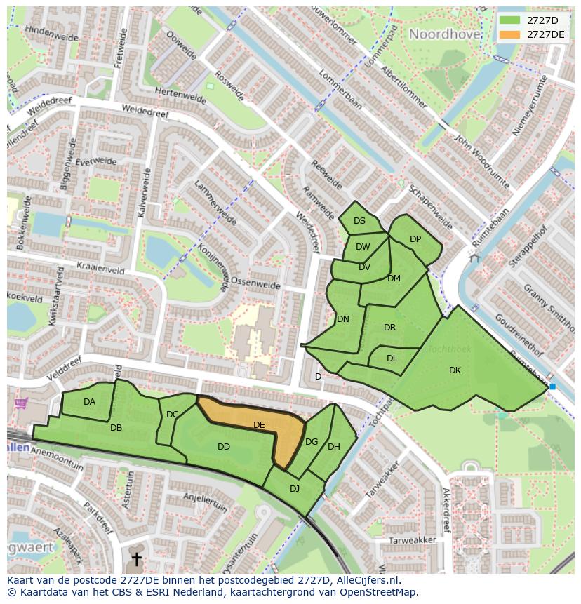 Afbeelding van het postcodegebied 2727 DE op de kaart.