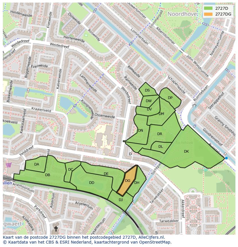 Afbeelding van het postcodegebied 2727 DG op de kaart.