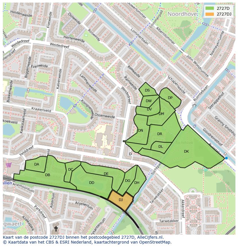 Afbeelding van het postcodegebied 2727 DJ op de kaart.