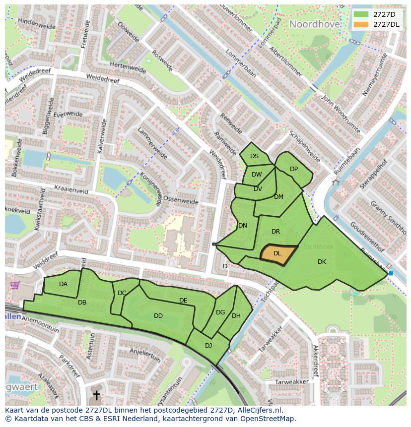 Afbeelding van het postcodegebied 2727 DL op de kaart.