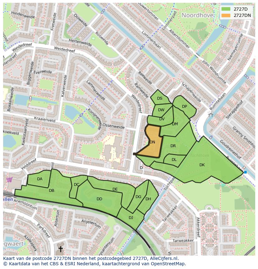 Afbeelding van het postcodegebied 2727 DN op de kaart.