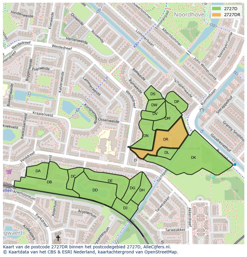 Afbeelding van het postcodegebied 2727 DR op de kaart.