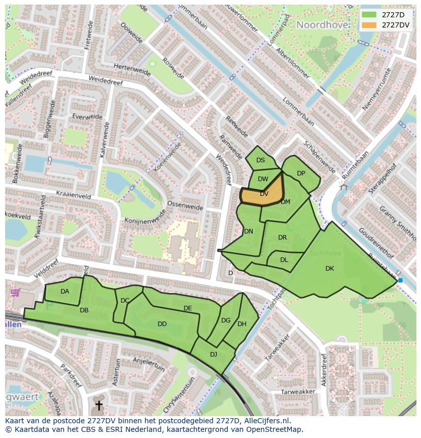 Afbeelding van het postcodegebied 2727 DV op de kaart.