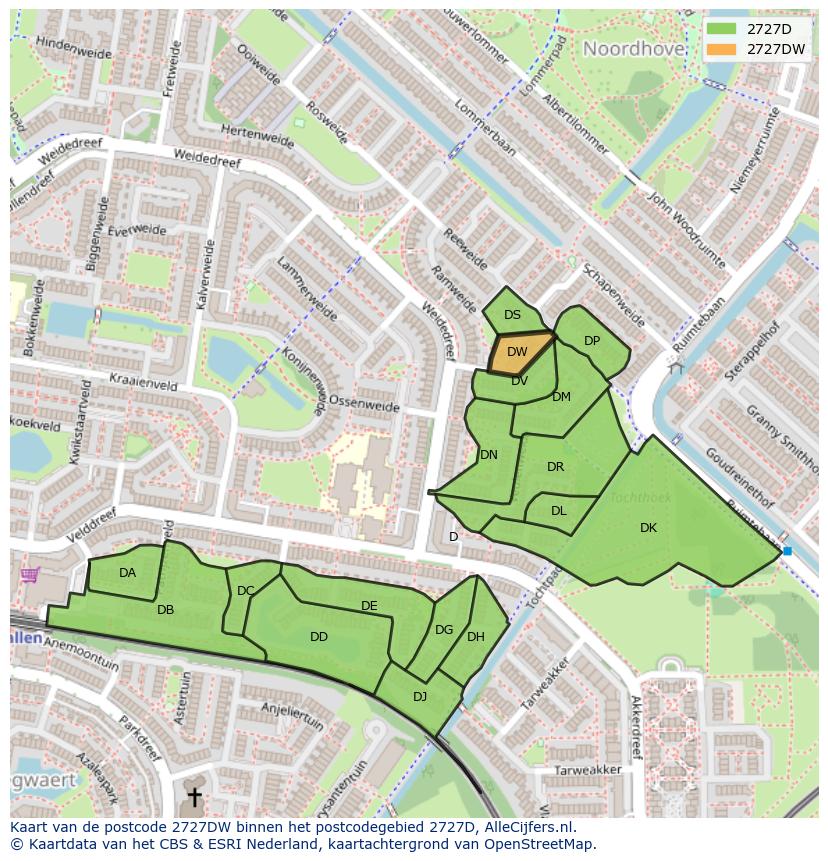 Afbeelding van het postcodegebied 2727 DW op de kaart.