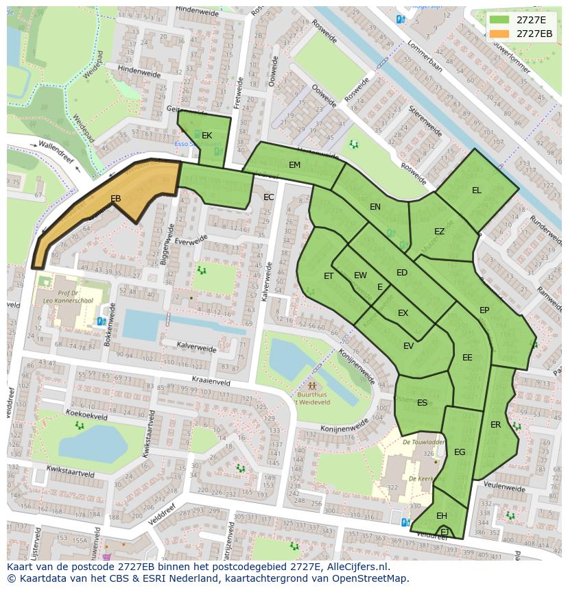 Afbeelding van het postcodegebied 2727 EB op de kaart.