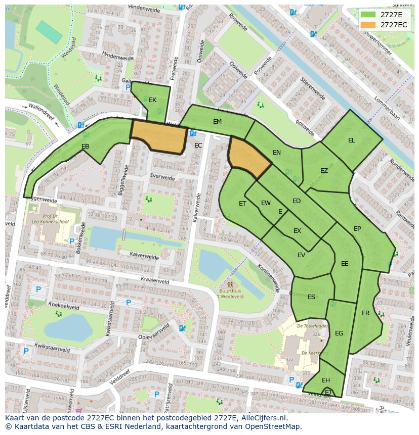 Afbeelding van het postcodegebied 2727 EC op de kaart.