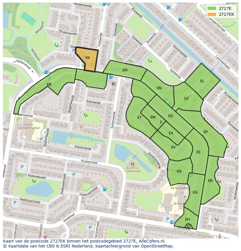 Afbeelding van het postcodegebied 2727 EK op de kaart.