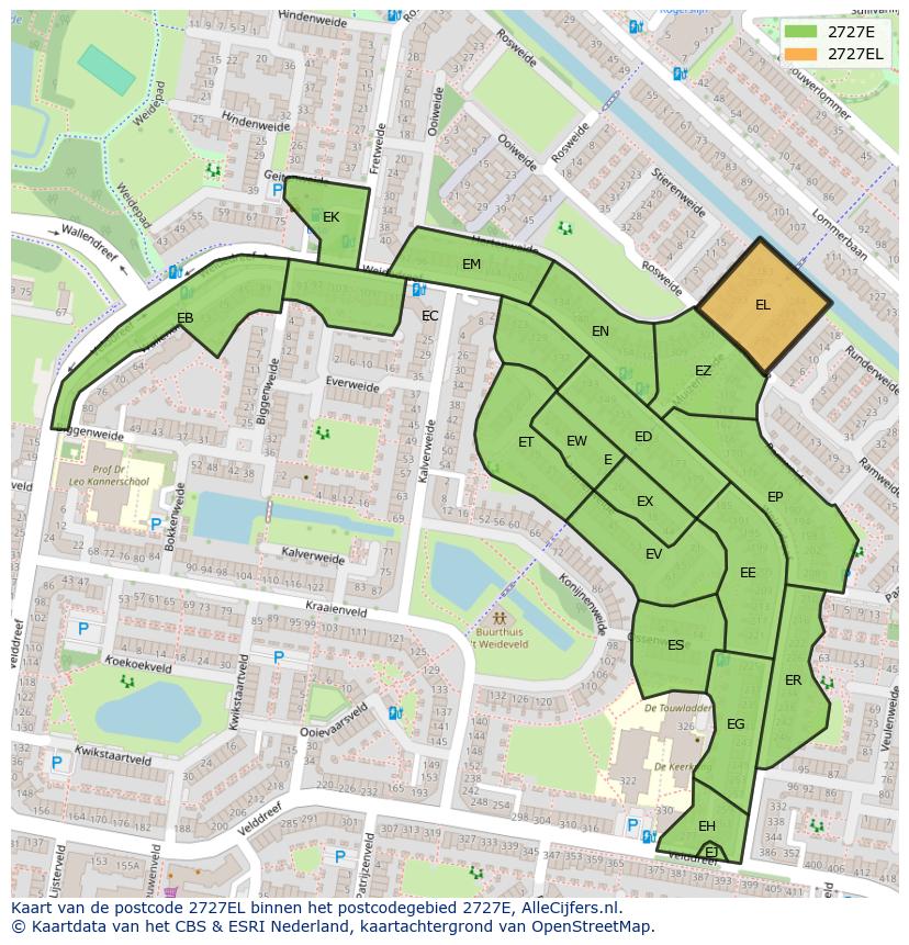 Afbeelding van het postcodegebied 2727 EL op de kaart.