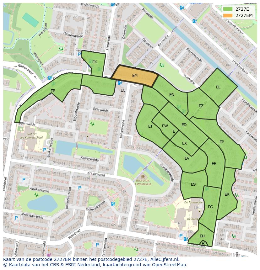 Afbeelding van het postcodegebied 2727 EM op de kaart.