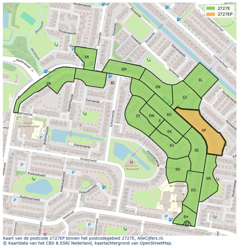 Afbeelding van het postcodegebied 2727 EP op de kaart.