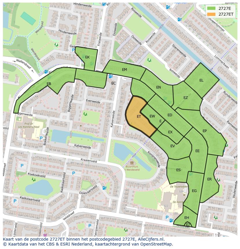 Afbeelding van het postcodegebied 2727 ET op de kaart.