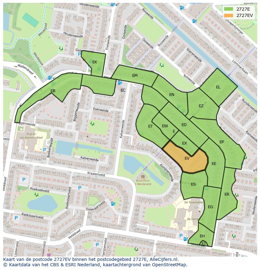 Afbeelding van het postcodegebied 2727 EV op de kaart.
