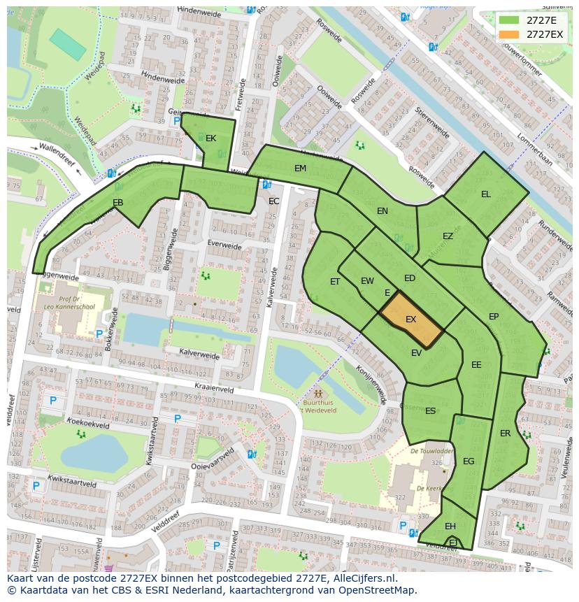 Afbeelding van het postcodegebied 2727 EX op de kaart.