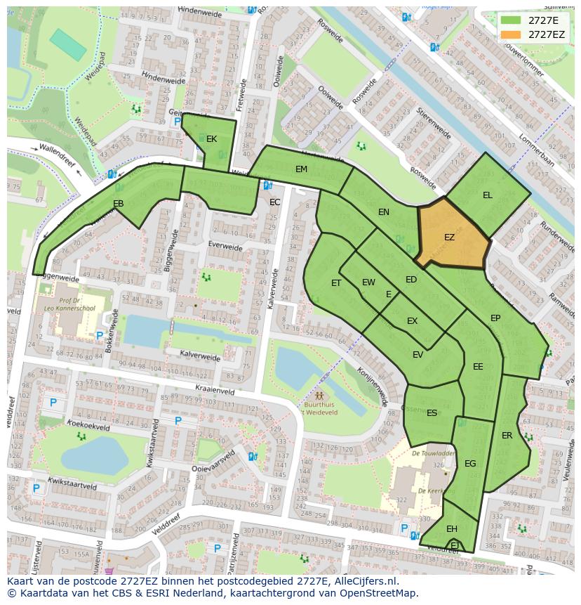Afbeelding van het postcodegebied 2727 EZ op de kaart.