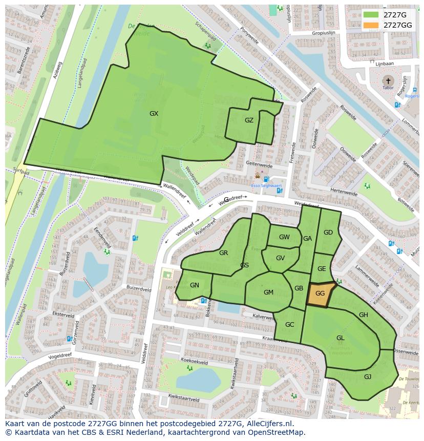 Afbeelding van het postcodegebied 2727 GG op de kaart.