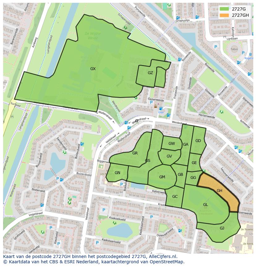 Afbeelding van het postcodegebied 2727 GH op de kaart.