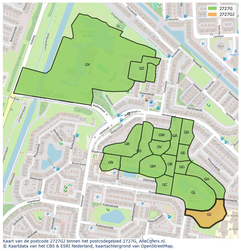 Afbeelding van het postcodegebied 2727 GJ op de kaart.