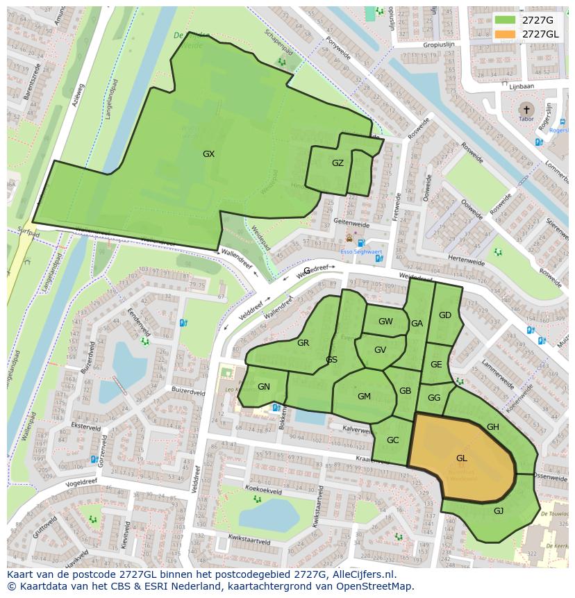 Afbeelding van het postcodegebied 2727 GL op de kaart.