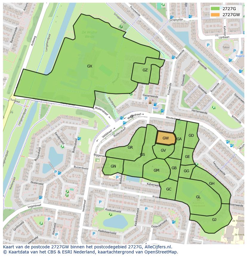 Afbeelding van het postcodegebied 2727 GW op de kaart.