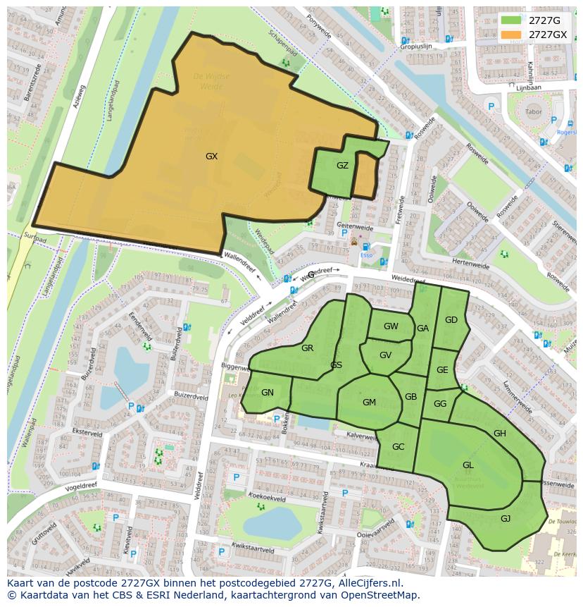 Afbeelding van het postcodegebied 2727 GX op de kaart.