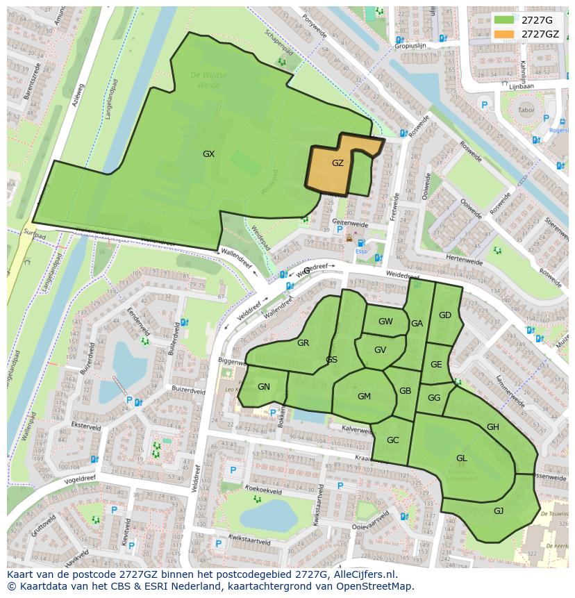 Afbeelding van het postcodegebied 2727 GZ op de kaart.