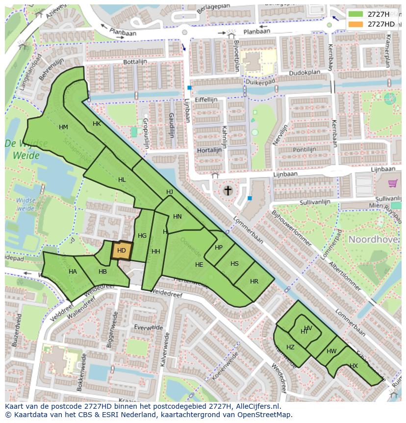 Afbeelding van het postcodegebied 2727 HD op de kaart.