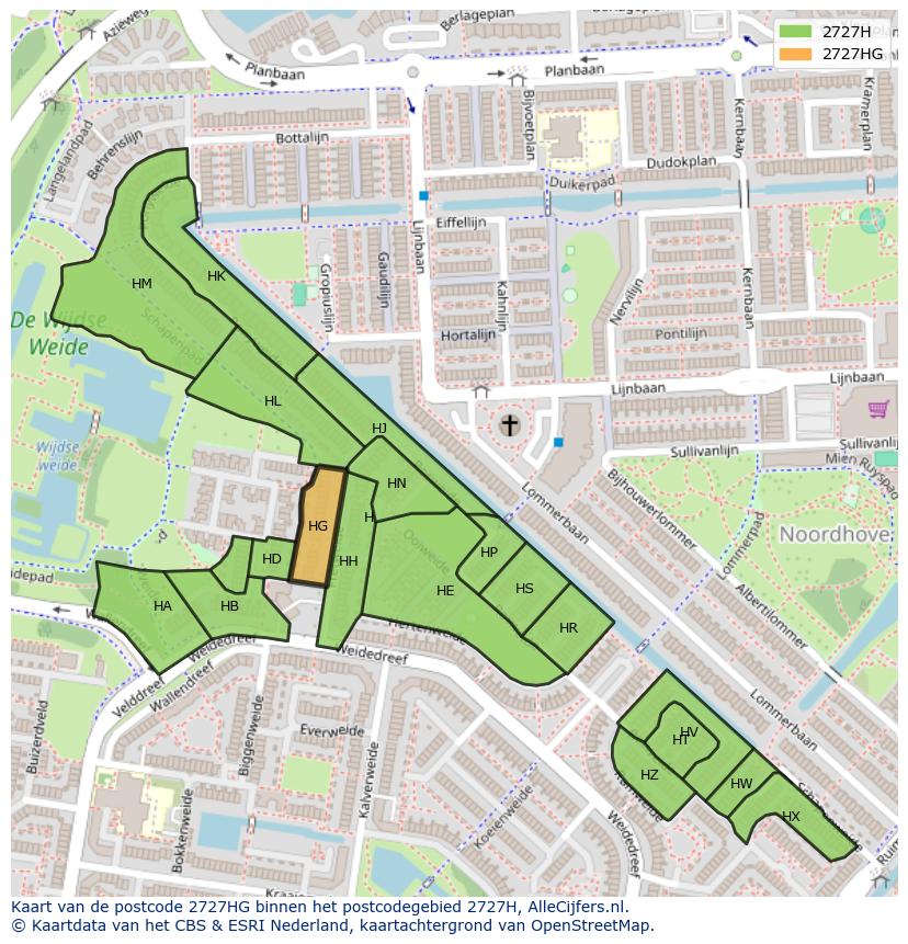 Afbeelding van het postcodegebied 2727 HG op de kaart.