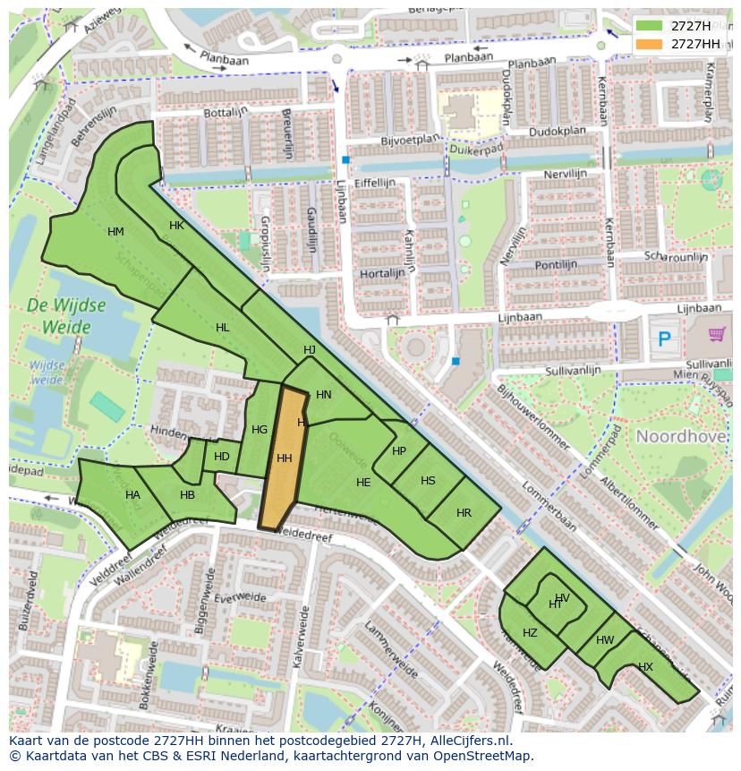 Afbeelding van het postcodegebied 2727 HH op de kaart.