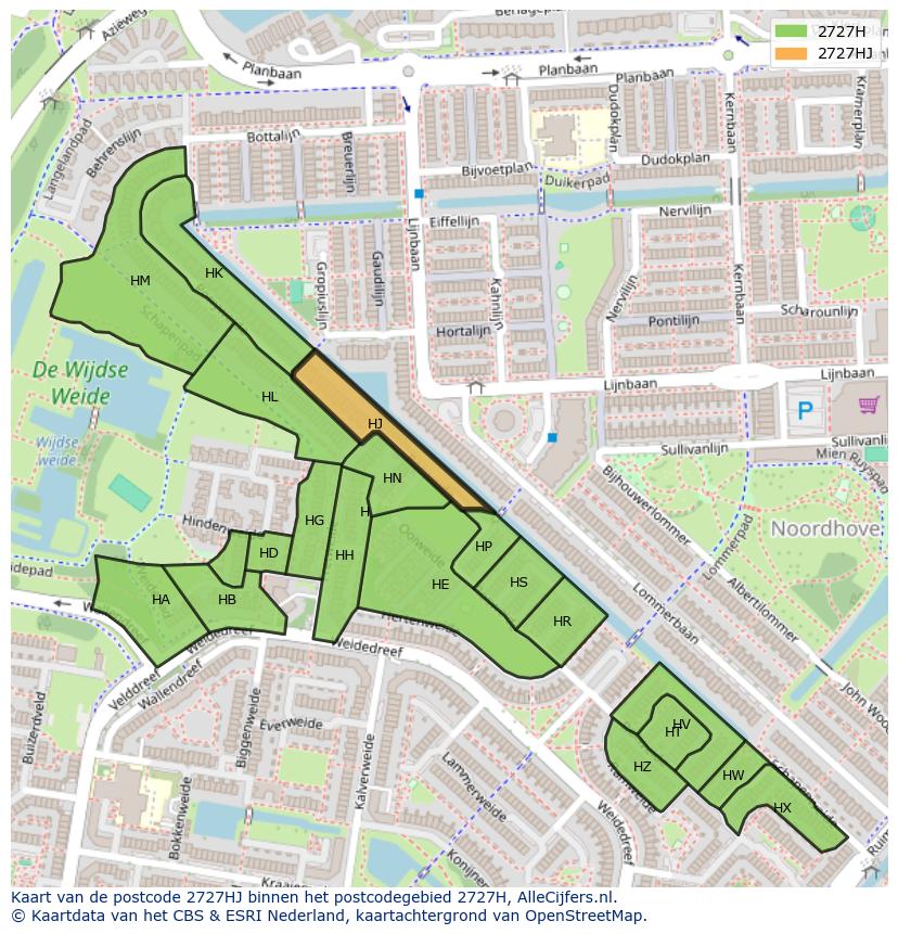 Afbeelding van het postcodegebied 2727 HJ op de kaart.