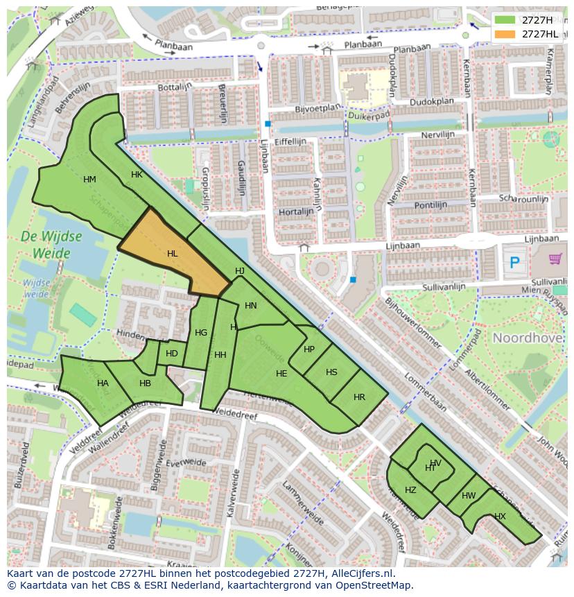 Afbeelding van het postcodegebied 2727 HL op de kaart.
