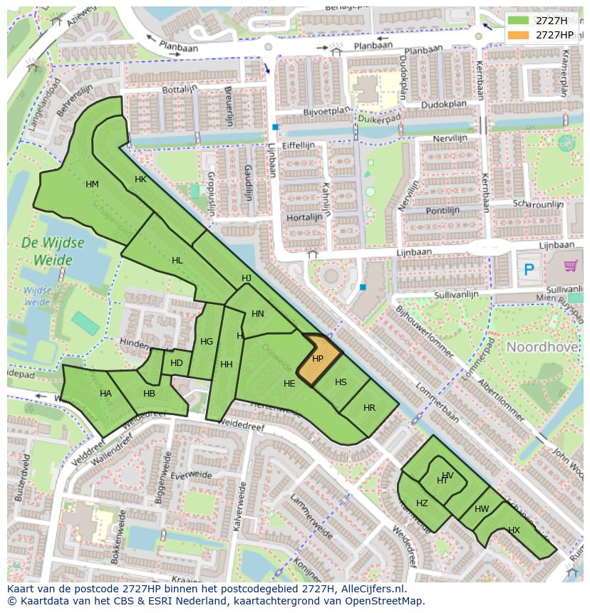 Afbeelding van het postcodegebied 2727 HP op de kaart.