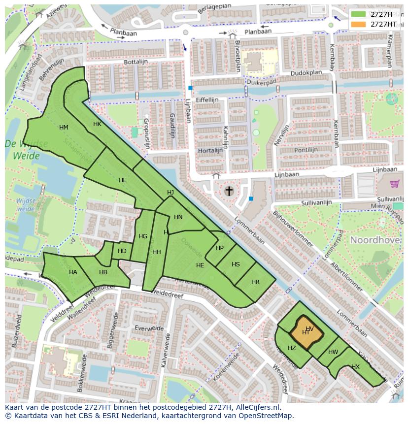 Afbeelding van het postcodegebied 2727 HT op de kaart.