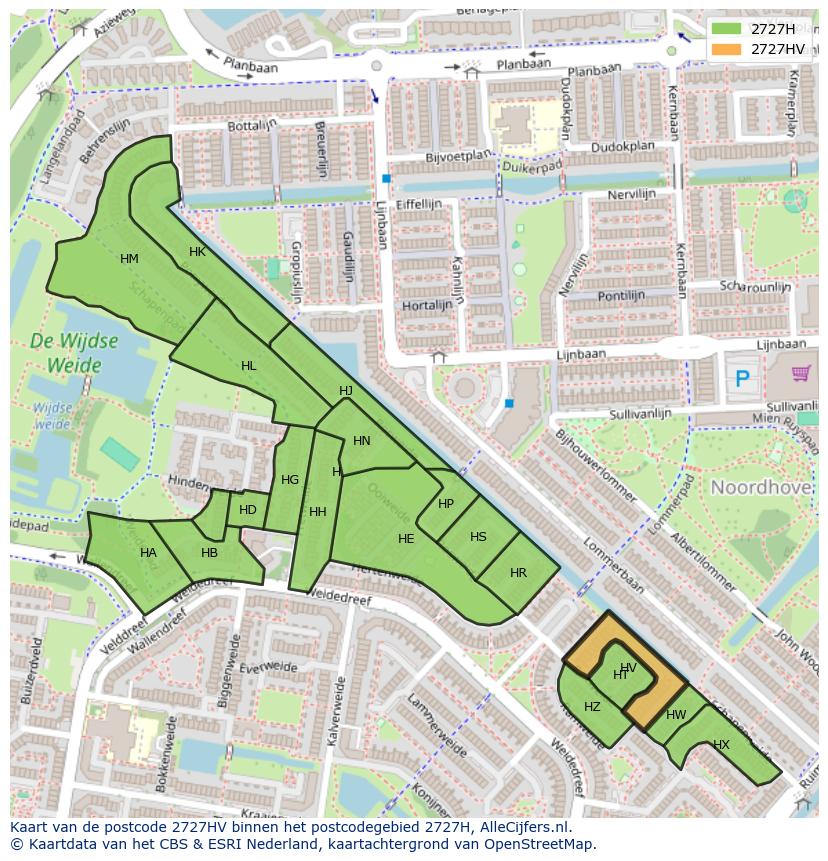 Afbeelding van het postcodegebied 2727 HV op de kaart.