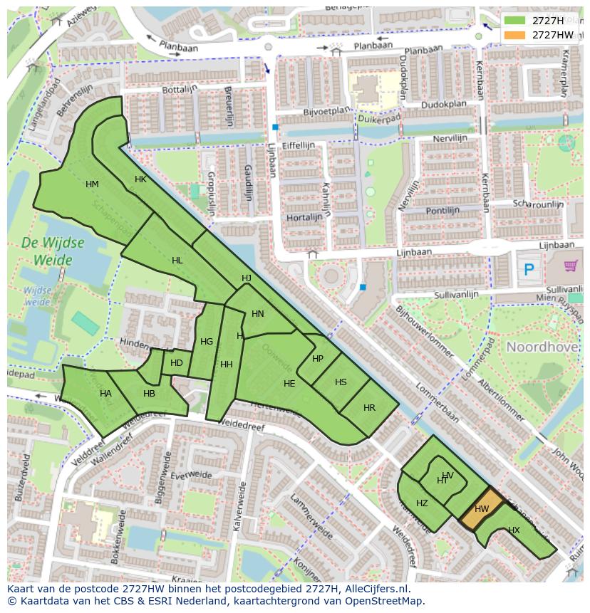 Afbeelding van het postcodegebied 2727 HW op de kaart.