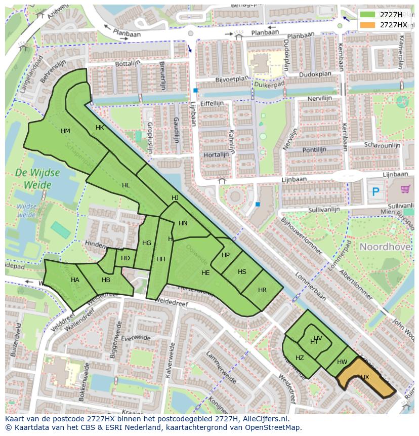Afbeelding van het postcodegebied 2727 HX op de kaart.