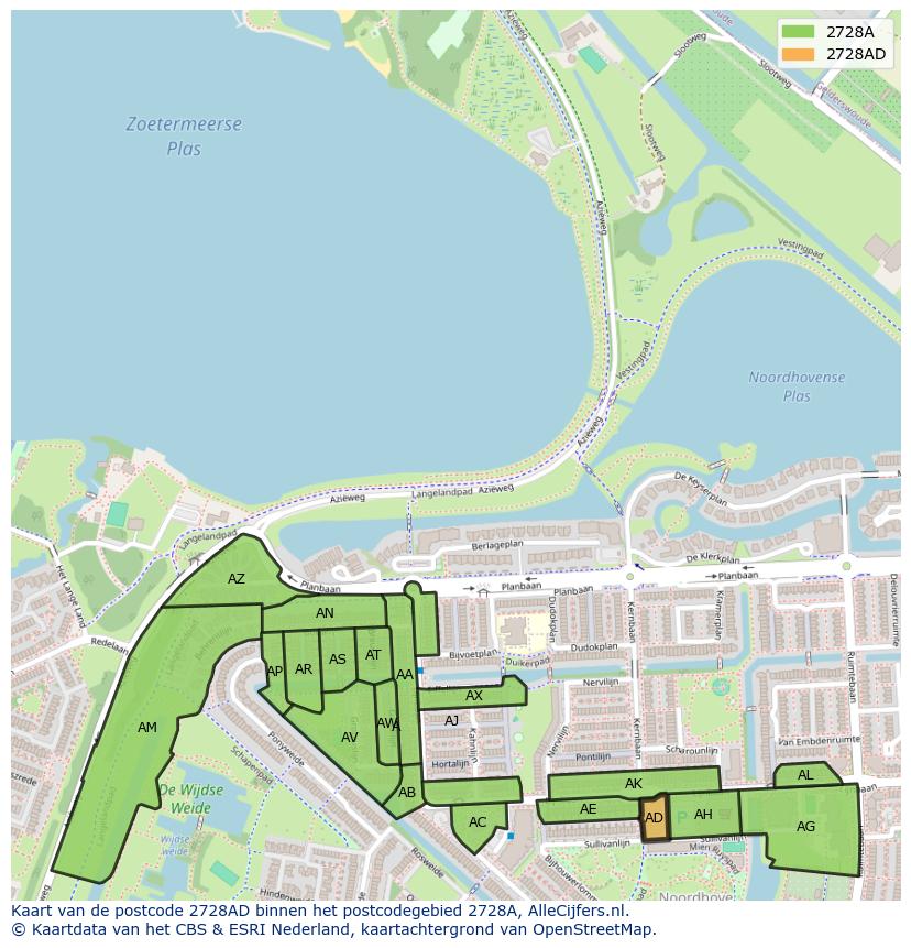 Afbeelding van het postcodegebied 2728 AD op de kaart.